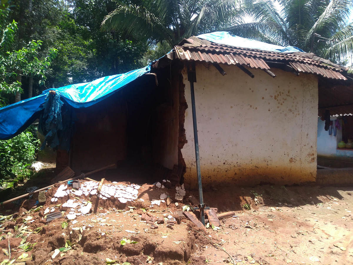 A damaged house at Gandhadagudi colony in Kodagu.