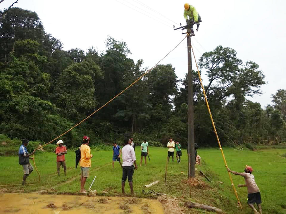Local residents join hands with Cesc personnel in repairing an electricity line in Virajpet.