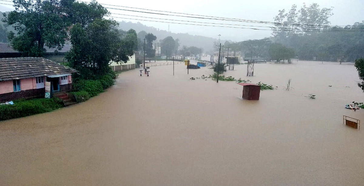 A file photo of flooded Bhagamandala in Kodagu district. The state sufferred extensive damages due to the deluge in the last two months. DH Photo