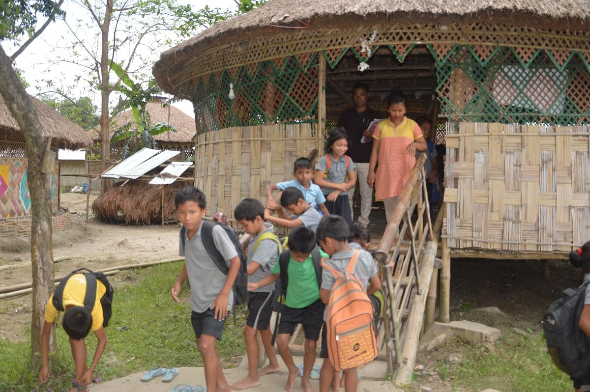 A bamboo hut classroom at The Hummingbird, a school built by Bipin Dhane for the flood-affected children of Majuli Island. Photos by author