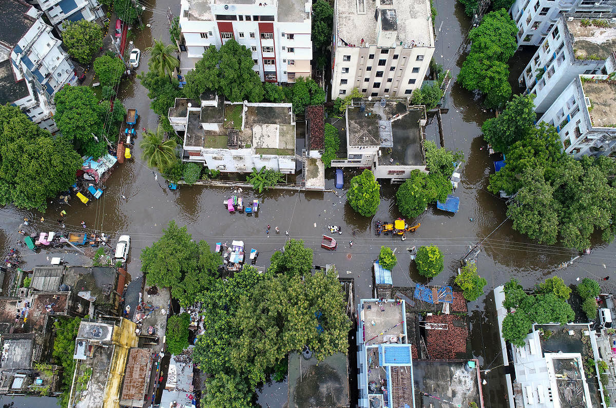 A aerial view of flood-affected areas following heavy rains, in Patna on Tuesday. (PTI Photo)