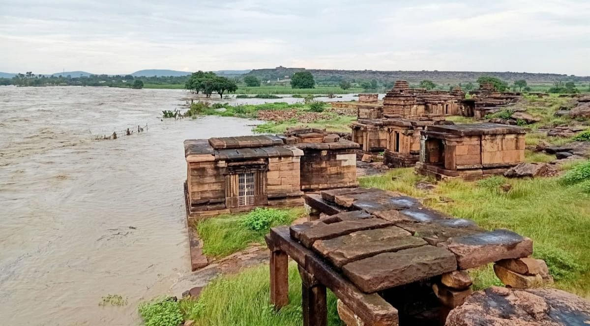 A view of the the Galaganatha temple in Aihole of Bagalkot taluk on the banks of the swollen Malaprabha river on Tuesday.