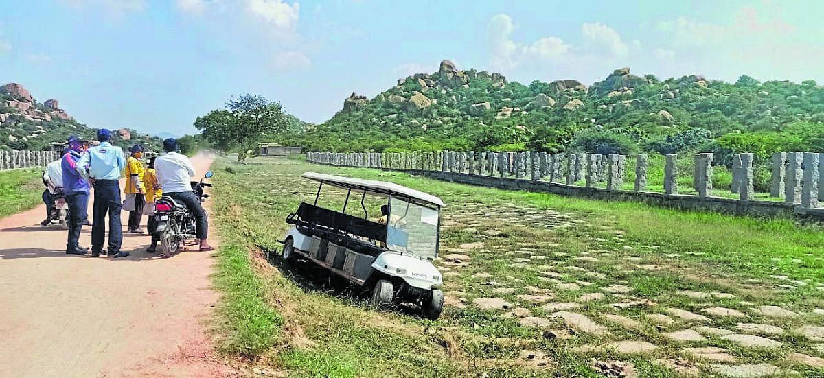 The battery operated vehicle which toppled on Hampi temple premises on Tuesday.