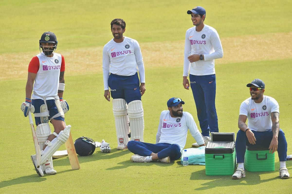 Indian team's captain Virat Kohli, Wriddhiman Saha, Ravindra Jadeja, Shubman Gill and Umesh Yadav (from left) during a practice session on the eve of first Test against Bangladesh in Indore on Wednesday. PTI