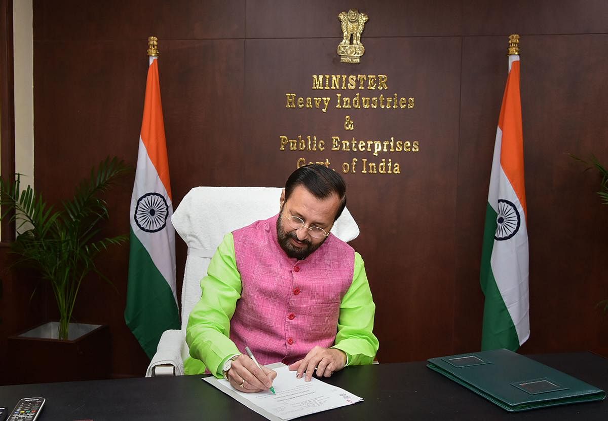 Union Minister Prakash Javadekar takes additional charge of Ministry of Heavy Industries and Public Enterprises, in New Delhi on Wednesday. (PTI Photo)