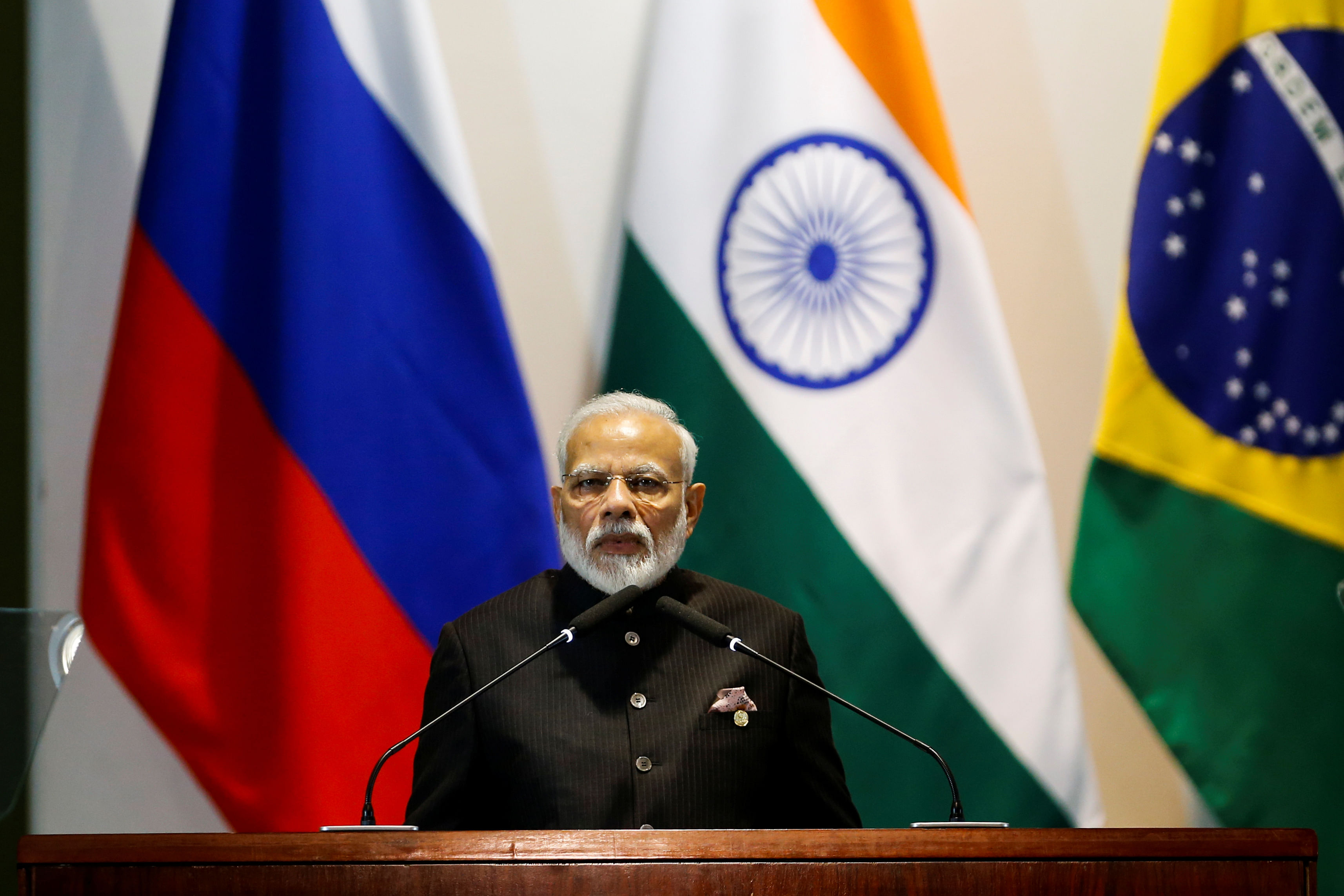 India's Prime Minister Narendra Modi speaks during the Dialogue with BRICS Business Council & New Development Bank during the BRICS summit in Brasilia. (Reuters Photo)