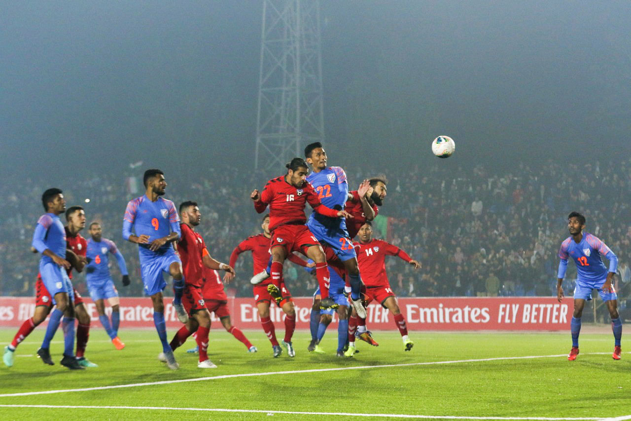 India's Seiminlen Doungel (centre) scores the injury-time equaliser against Afghanistan in their FIFA World Cup Qualifier match in Dushanbe, Tajikistan. (DH Photo)