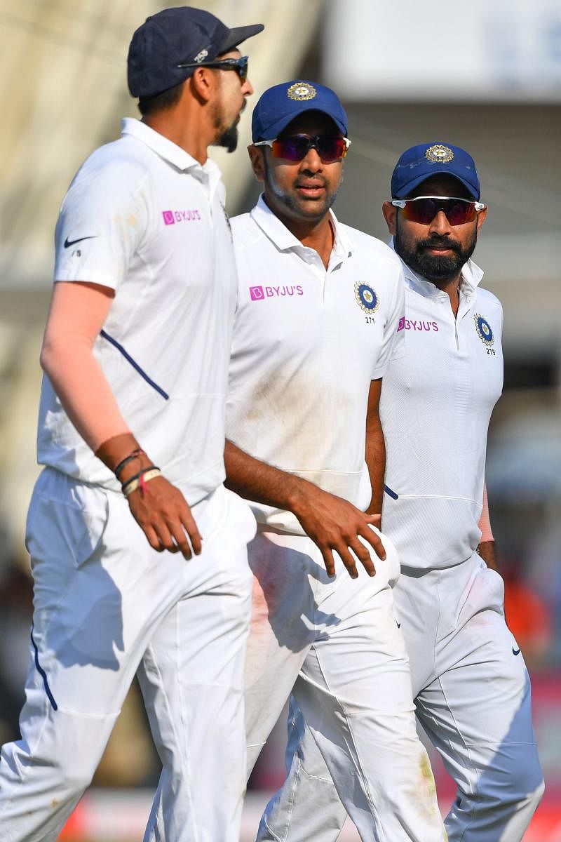 R Ashwin (centre) has hailed the current Indian pace attack as one of the best in the world. AFP