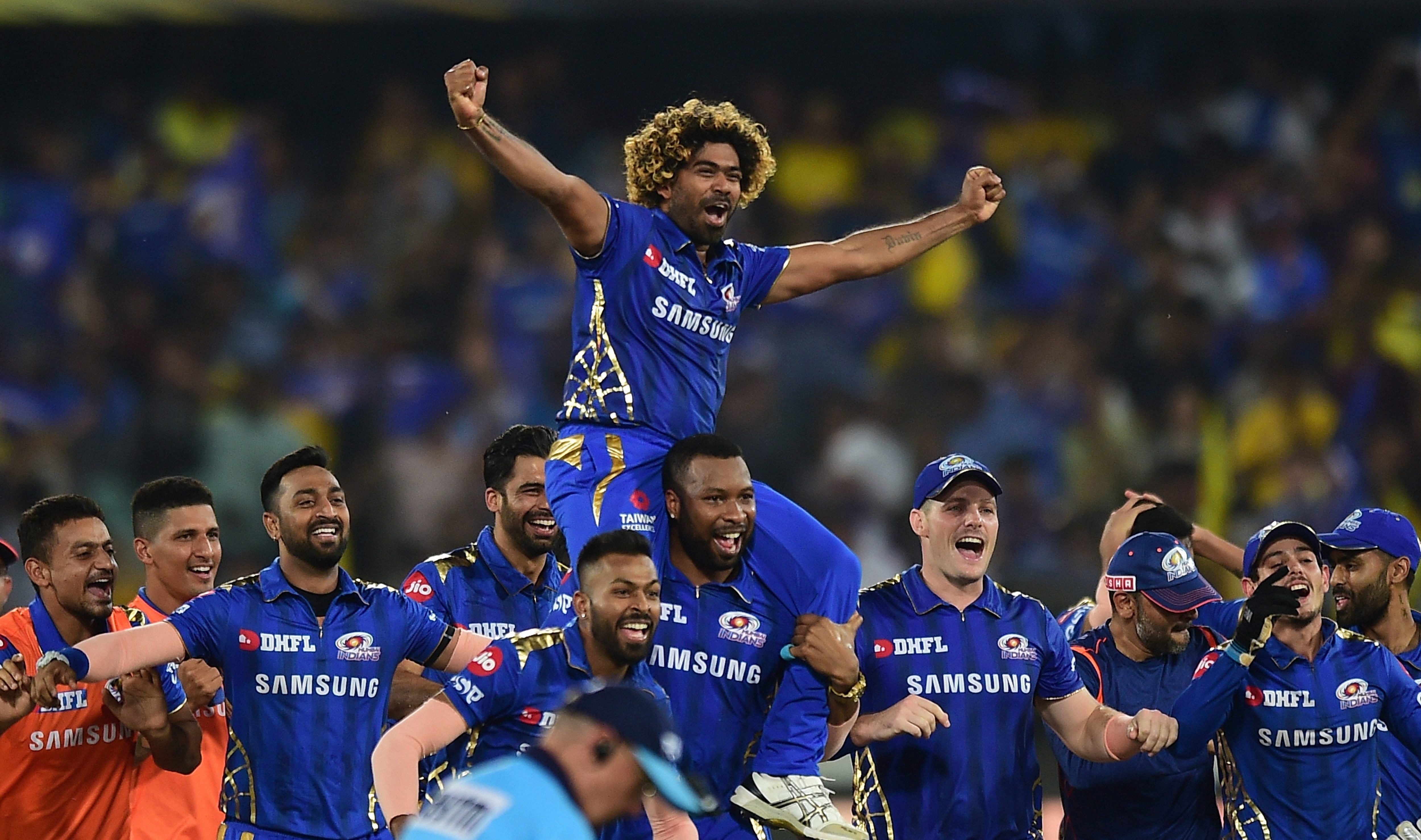 Mumbai Indians (MI) player Keiron Pollard lifts Lasith Malinga on his shoulders as they celebrate their win over Chennai Super Kings (CSK) at the Indian Premier League 2019 final cricket match at Rajiv Gandhi International Cricket Stadium in Hyderabad. (PTI Photo)