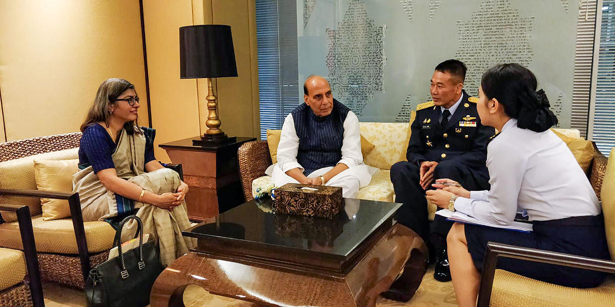 Union Defence Minister Rajnath Singh meets with Thailand's Ministry of Defence's (MoD) Special Advisor to the office of the Permanent Secretary for Defence, Air Chief Marshal Chewchan Ruddit, in Bangkok, Thailand, Saturday, Nov. 16, 2019. Singh arrived in Bangkok today to attend ASEAN Defence Minister's Meet-Plus and opening ceremony of Defence & Security 2019 Exhibition. PTI