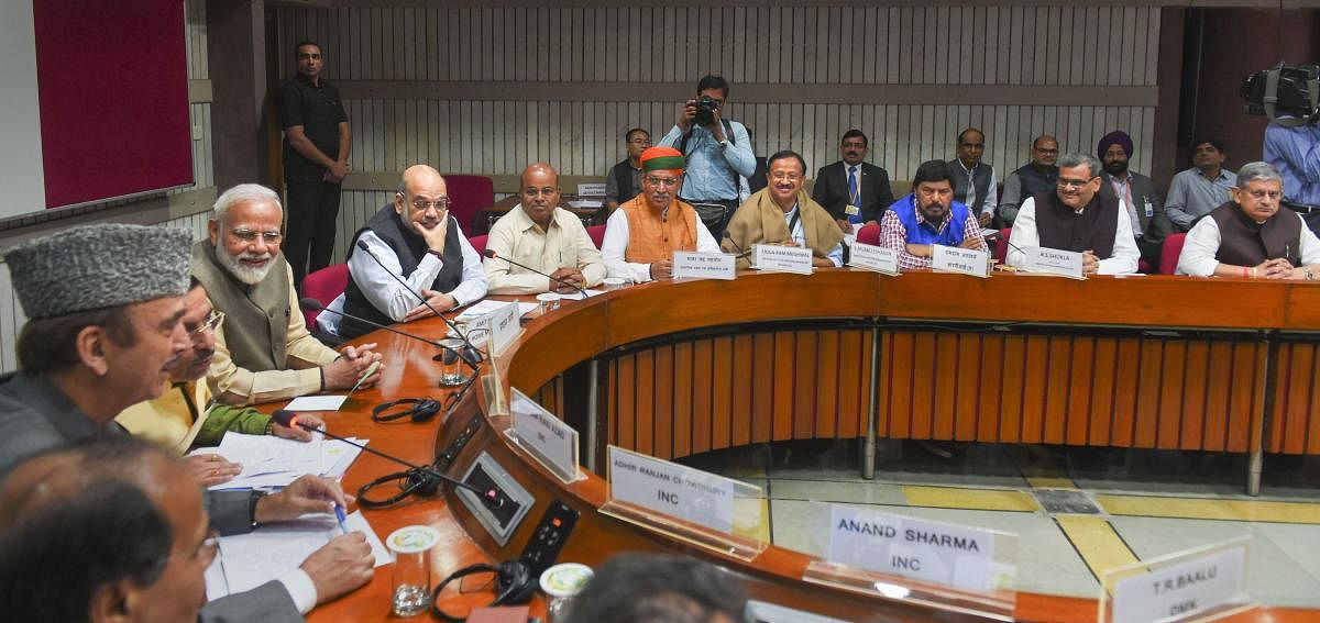 Prime Minister Narendra Modi, Home Minister Amit Shah, Parliamentary Affairs Minister Prahlad Joshi, Senior Congress leader Ghulam Nabi Azad, MoS Parliamentary Affairs Minister Arjun Ram Meghwal and others attend an all party meeting ahead of the winter s