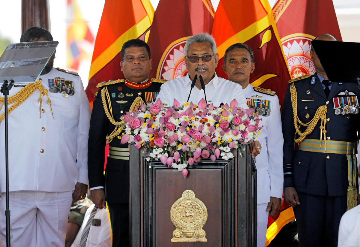 Sri Lanka's President-elect Gotabaya Rajapaksa addresses the nation, at the presidential swearing-in ceremony in Anuradhapura, Sri Lanka Novermber 18, 2019. (Reuters photo)