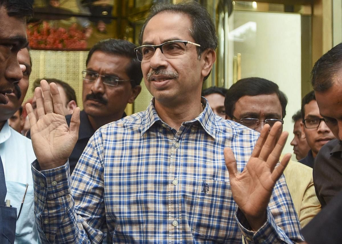 Shiv Sena president Uddhav Thackeray addresses media persons after a meeting with Congress leaders at BKC Trident. (PTI Photo)