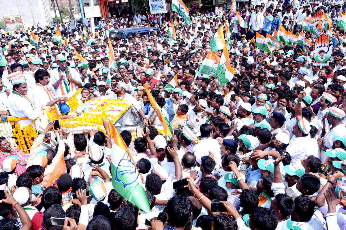 Congress candidate for Assembly by-election from Gokak, Lakhan Jarkiholi, take out a road show ahead of filing of nomination papers on Monday.