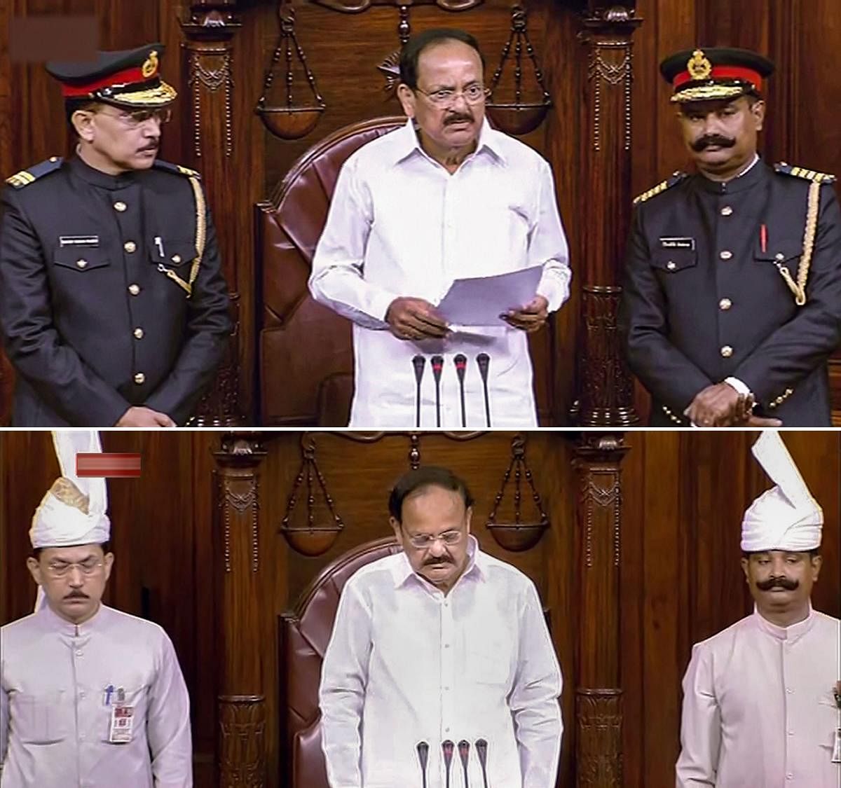 In this combo photo, (top) Rajya Sabha Chairman M Venkaiah Naidu flanked by Upper-House Marshals in their new dress during the first day of the Winter Session of Parliament