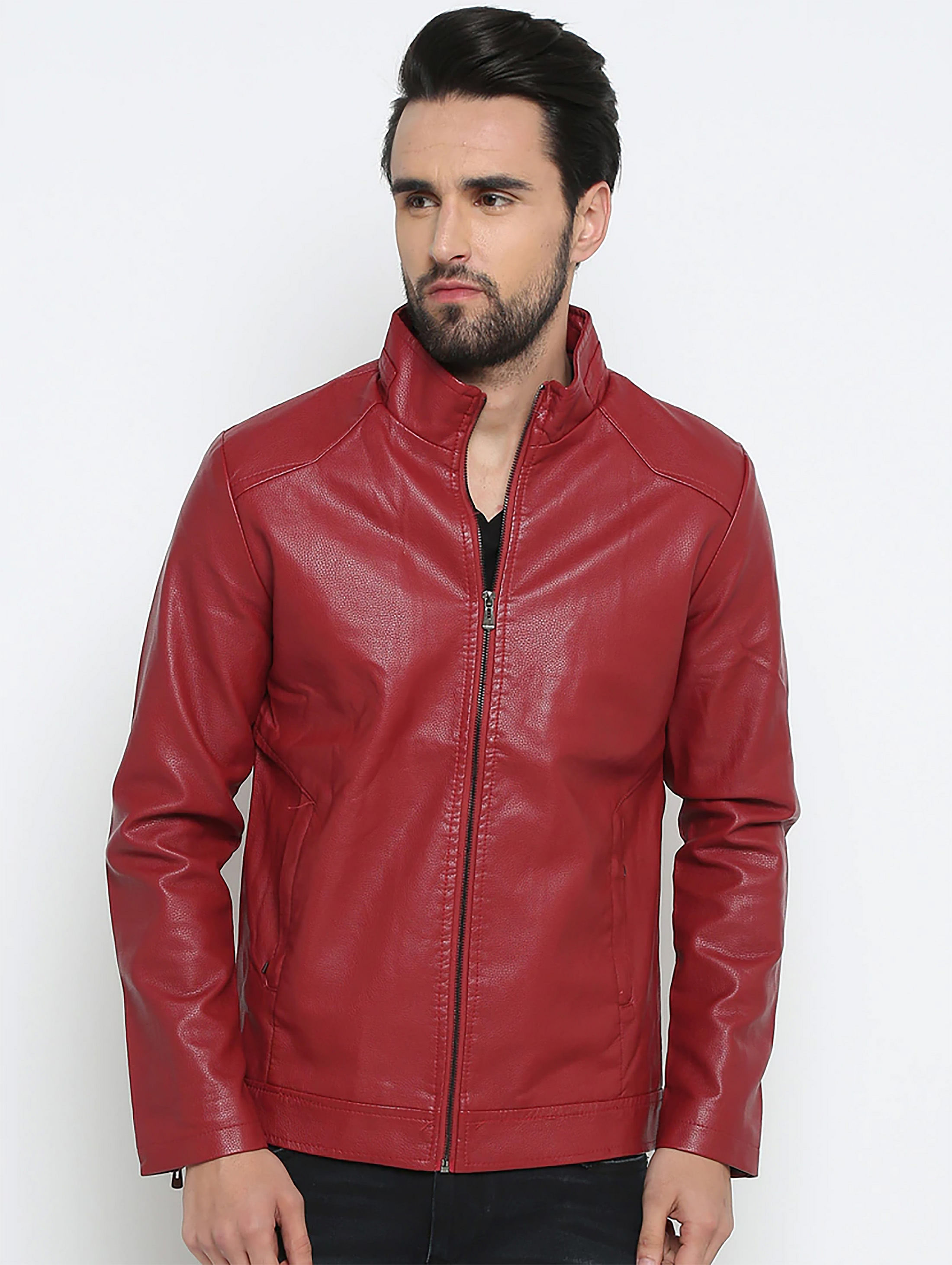 Combine a red leather jacket with a pair of skinny jeans for a chic look. 