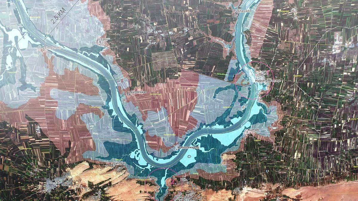 A flood map of Krishna river prepared by the Karnataka State Remote Sensing Application Centre, displayed at the Bengaluru Tech Summit 2019.