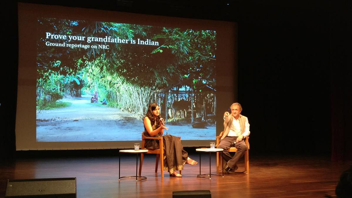 Journalist Rohini Mohan and historian Ramachandra Guha talk about the National Register of Citizens during a discussion in Bengaluru on Monday. DH Photo