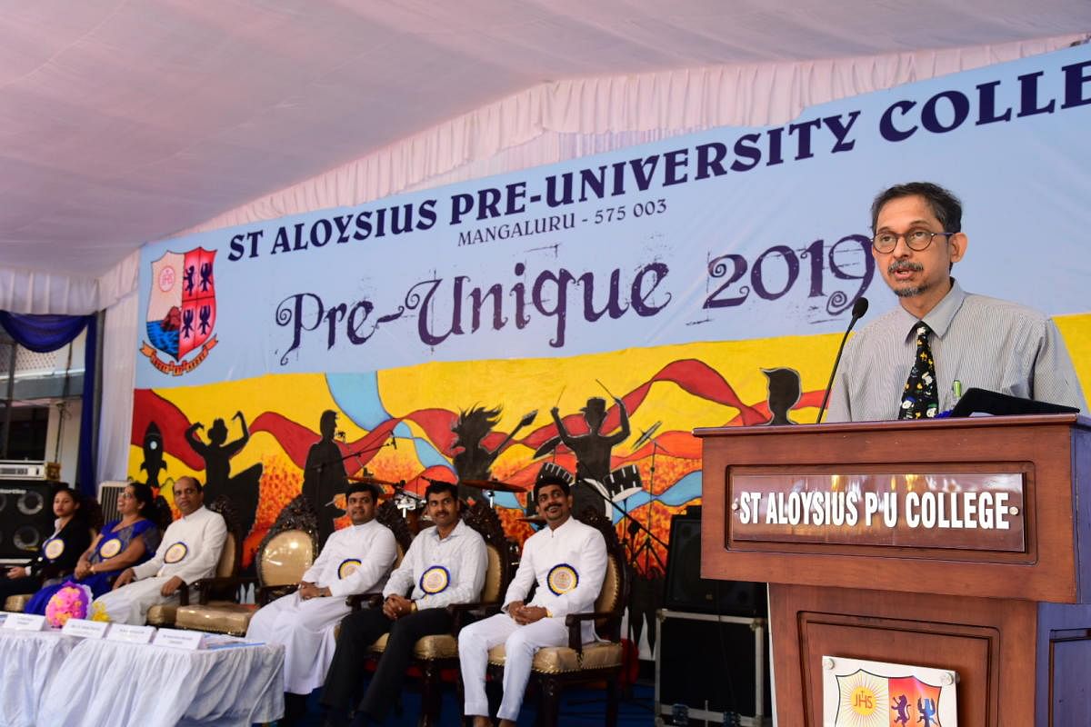 Father Muller Hospital Pediatrics Department Head Dr Pavan Hegde speaks at the valedictory of 'Pre-Unique 2019' at St Aloysius College in Mangaluru.