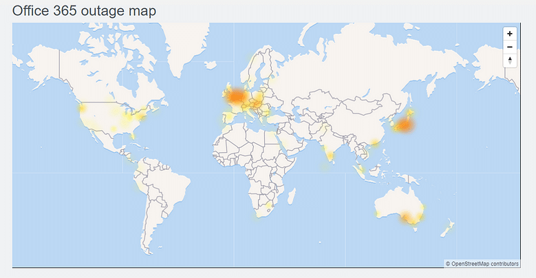 Global Microsoft Office 365 outage heat map. Credit: Downdetector.co.nz
