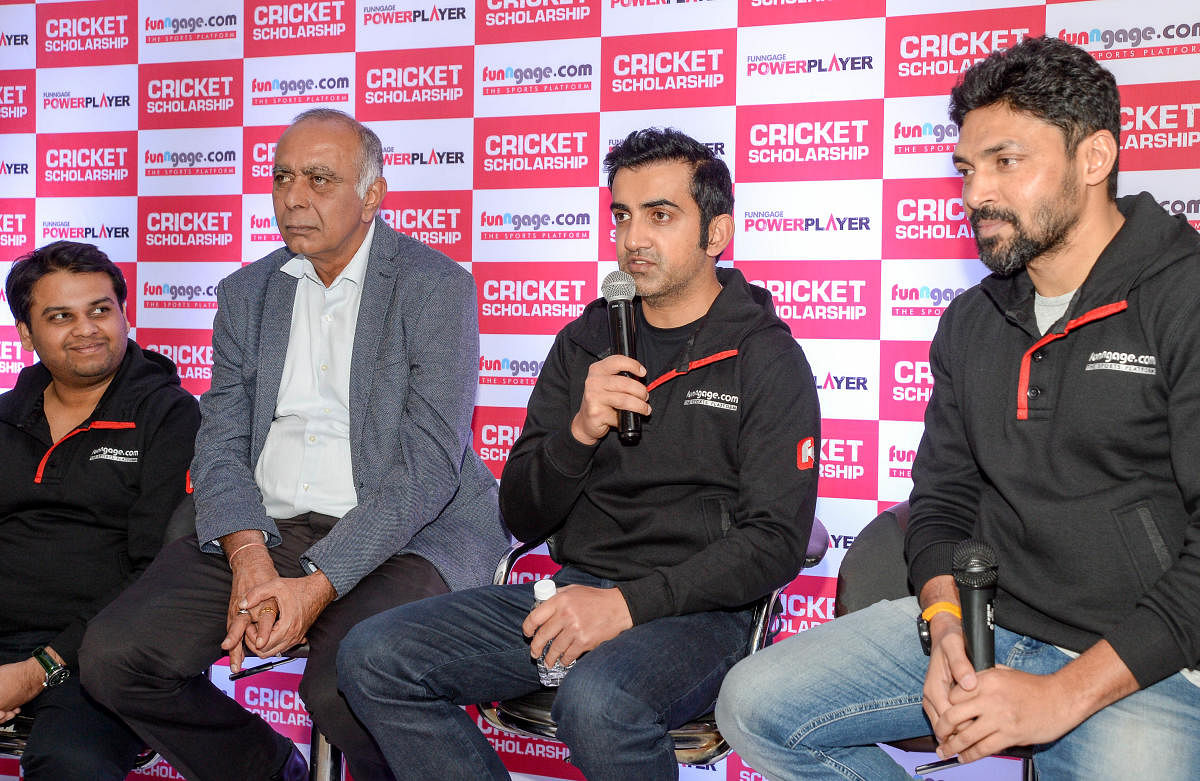 Cricketer Gautham Gambhir speaking at the launch of Funngage.com cricket scholarship during the program at M Chinnaswamy Stadium in Bengaluru. (DH photo)