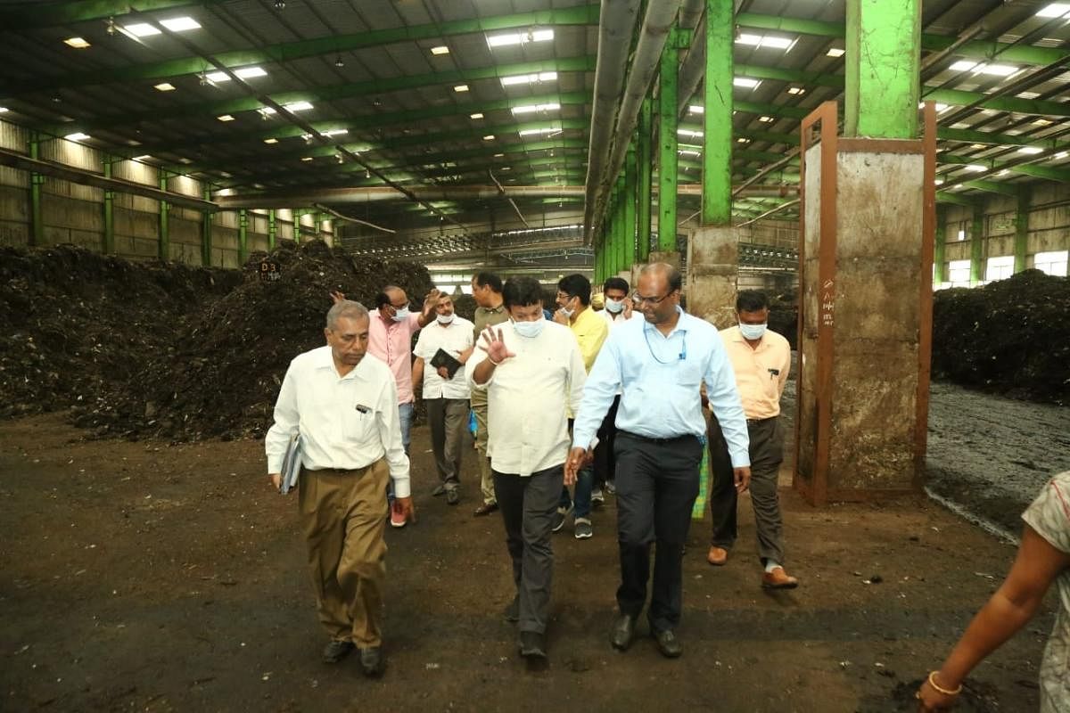 Mayor Gowtham Kumar along BBMP officials inspect a waste treatment facility in Kudlu Gate in the Bommanahalli Assembly constituency on Wednesday. SPECIAL Arrangement