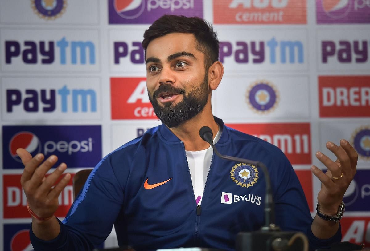 Indian captain Virat Kohli addresses a press conference on the eve of the 1st pink-ball day/night cricket test match against Bangladesh at Eden Garden in Kolkata. (PTI Photo)