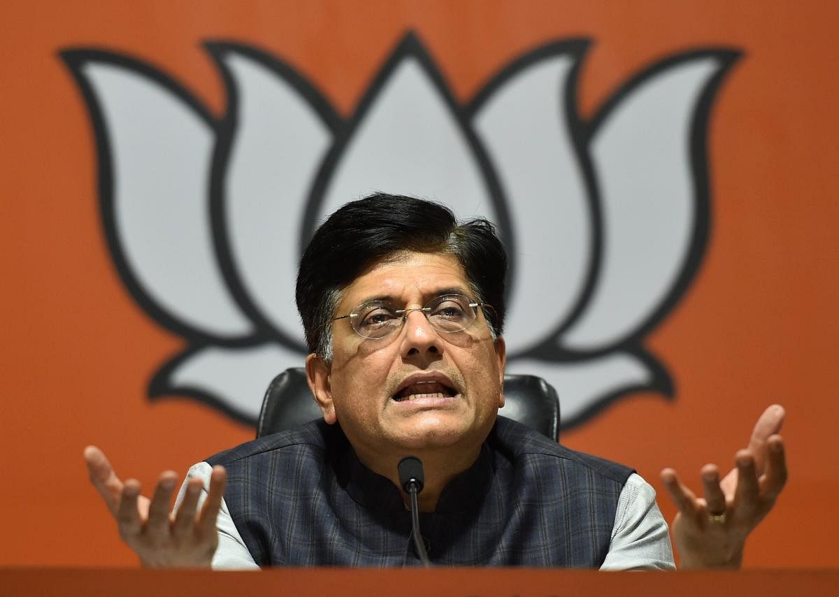Union Minister Piyush Goyal addresses a press conference over the issue of electoral bonds. PTI