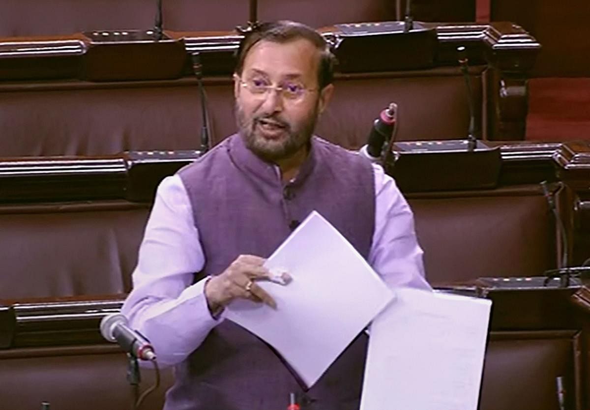  Environment Minister Prakash Javadekar speaks in the Rajya Sabha during the ongoing Winter Session of Parliament. PTI