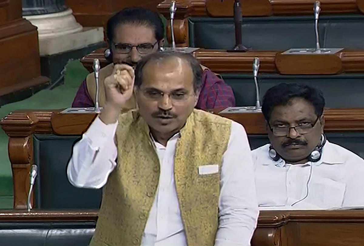 Leader of Congress in Lok Sabha Adhir Ranjan Chowdhury speaks in the House during the Winter Session of Parliament. PTI