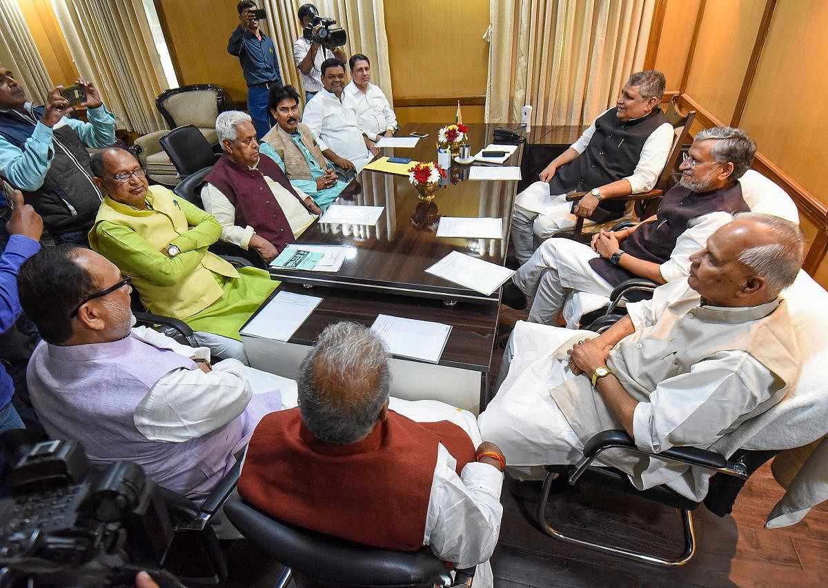 Bihar Assembly Speaker Vijay Chaudhary during an all-party meeting with Deputy CM Sushil Kumar Modi and RJD senior leader Abdul Bari Siddiqui, JDU senior leader Shravan Kumar, Congress senior leader Sadanand Singh and others at Central Hall, in Patna. (PT