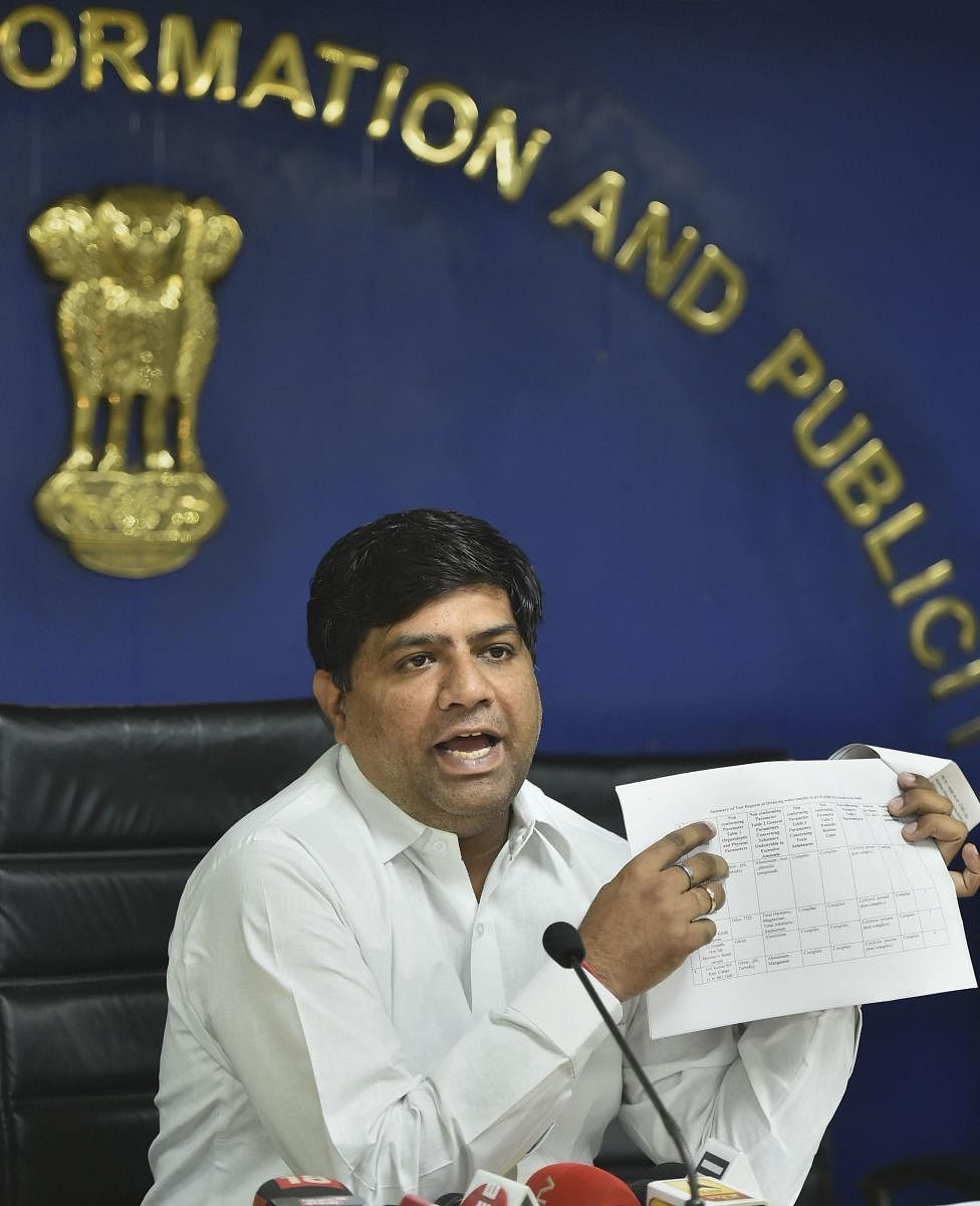 Delhi Jal Board (DJB) Vice Chairman Dinesh Mohaniya addresses the media on the issue of water quality report, in New Delhi. (PTI Photo)