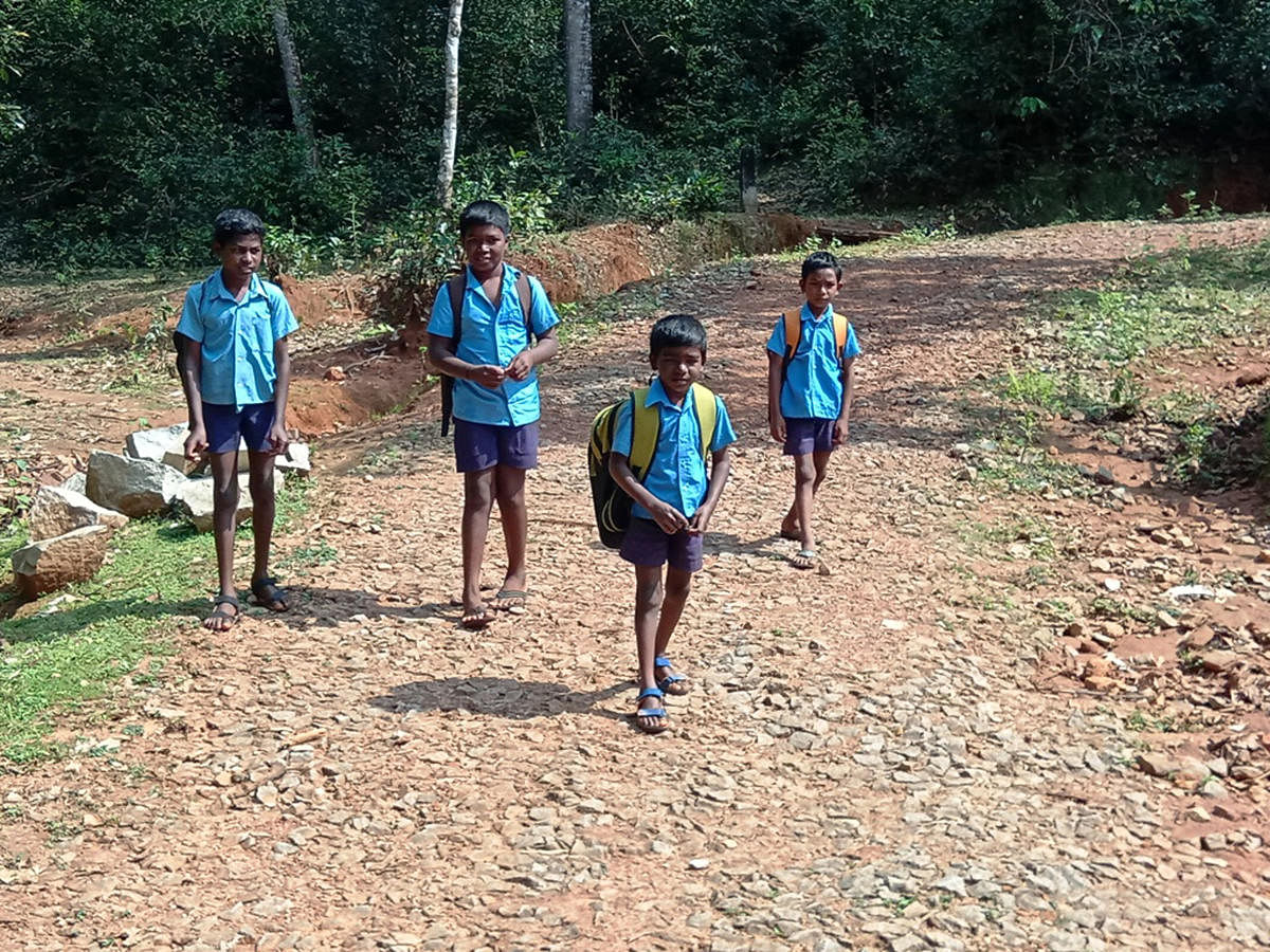 Schoolchildren walk to school in Sringeri.