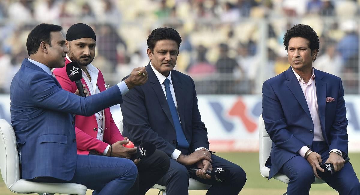 Former cricketers Sachin Tendulkar, Anil Kumble, Harbhajan Singh, and VVS Laxman at a talk show during the 1st pink-ball day/night cricket test match between India and Bangladesh, at Eden Gardens in Kolkata. (Photo by PTI)