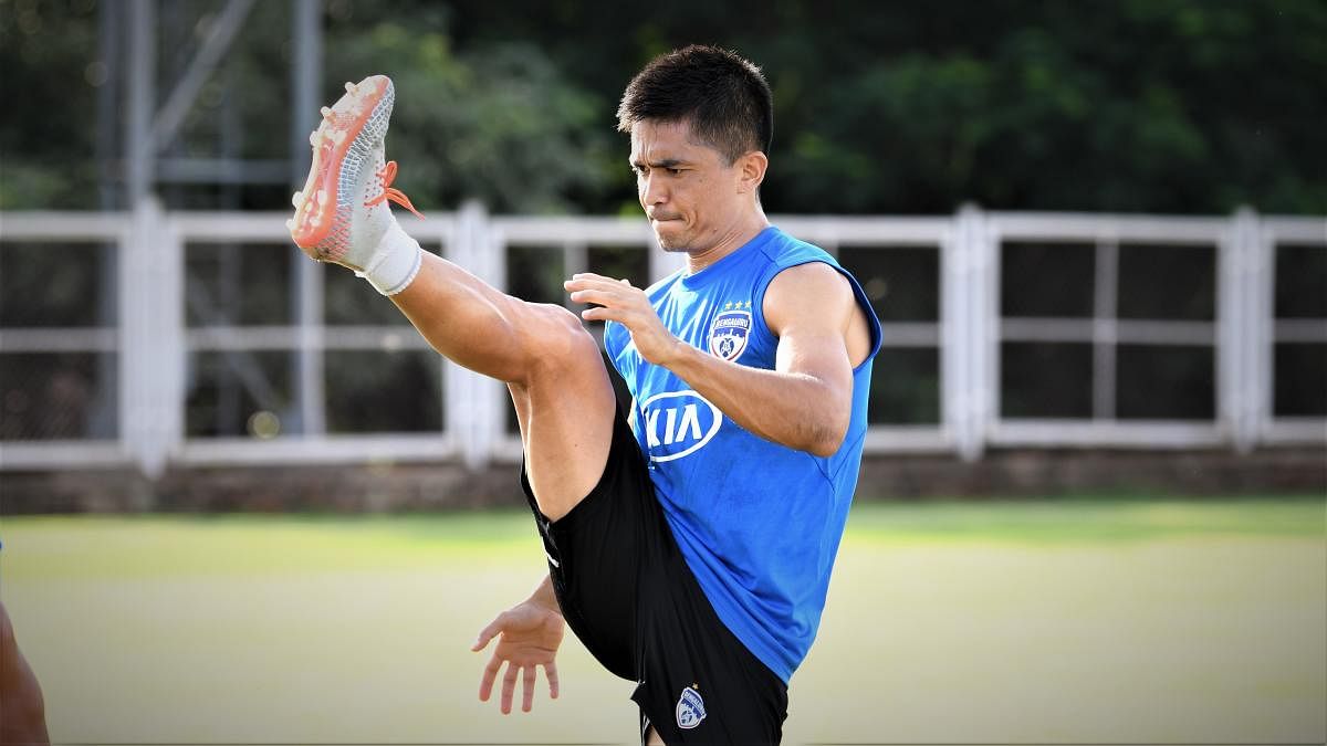 Bengaluru FC's Sunil Chhetri works out during a training session on the eve of their match against Kerala Blasters. BFC media