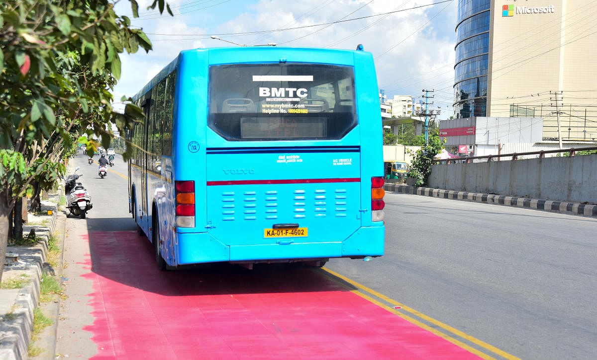 The bus priority lane is being experimented on the ORR between Silk Board and KR Puram. DH FILE/ANUP RAGH T