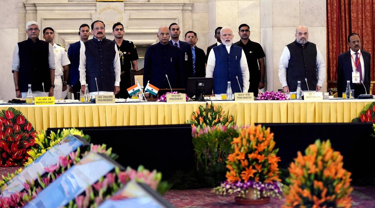 President Ram Nath Kovind, Vice-President Venkaiah Naidu, Prime Minister Narendra Modi and Home Minister Amit Shah at the '50th Conference of Governors and Lt Governors', at Rashtrapati Bhavan in New Delhi. Also seen are National Security Advisor Ajit Doval and Jal Shakti Minister Gajendra Singh Shekhawat. (PTI Photo)