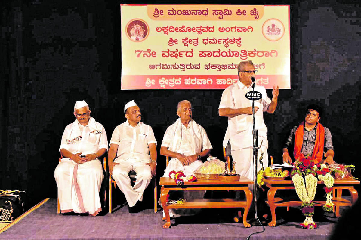 Shri Kshetra Dharmasthala Dharmadhikari Dr D Veerendra Heggade speaks at the inauguration of week-long Lakshadeepotsava celebrations at Sri Manjunatheshwara Temple in Dharmasthala on Friday night.