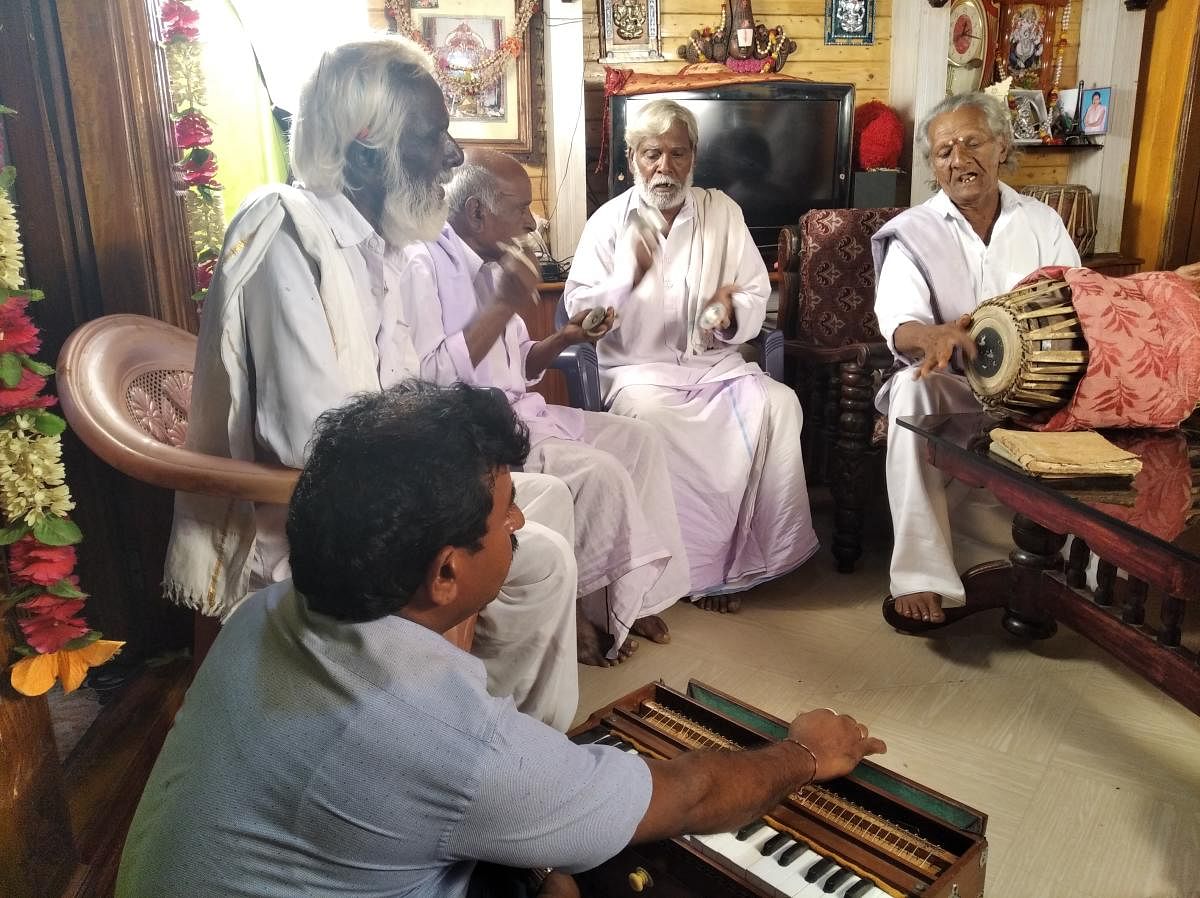 Yakshagana artistes of Kabballi during a practice session. Photo/Shrinidhi Adiga