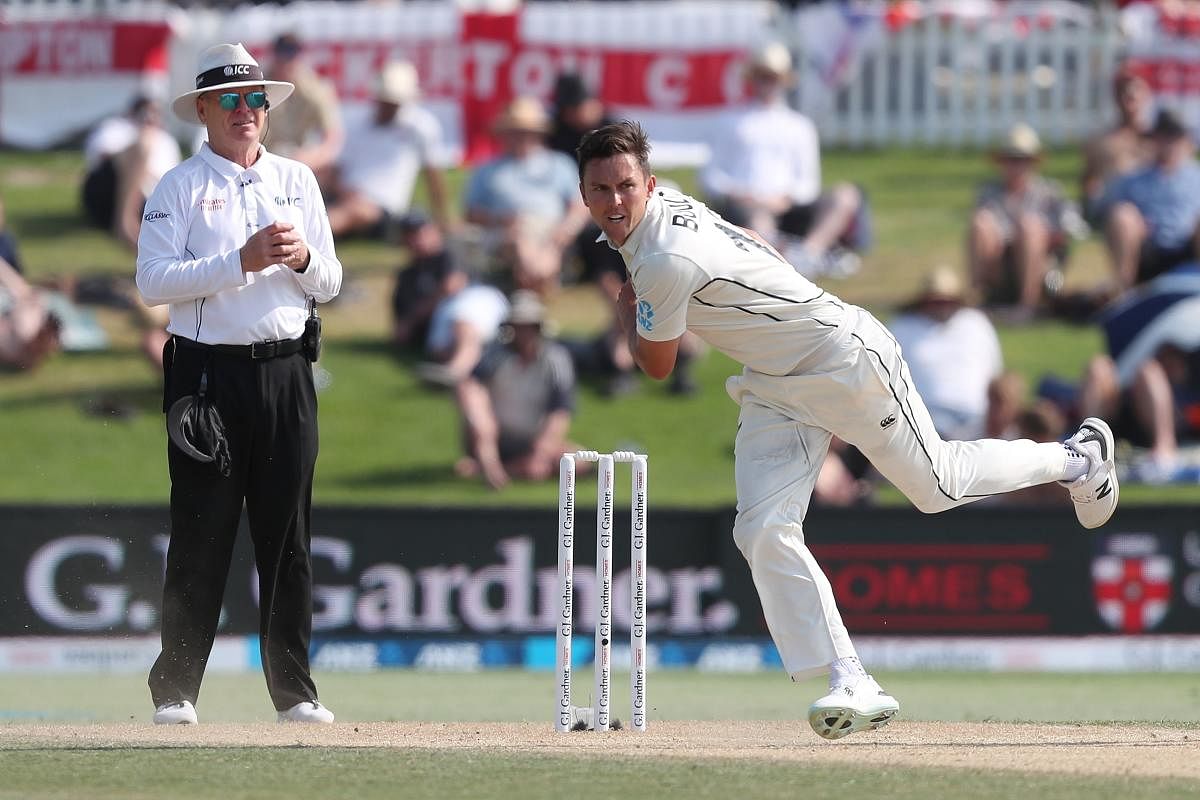 New Zealand’s Trent Boult bowls during the forth day of the first cricket test between England and New Zealand at Bay Oval in Mount Maunganui. (AFP Photo)