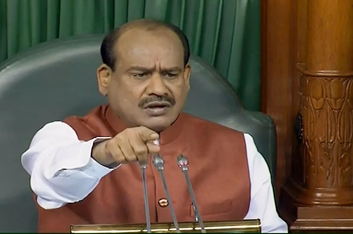 Speaker Om Birla conducts proceedings in the Lok Sabha during the Winter Session of Parliament, in New Delhi, Monday, Nov. 25, 2019. (LSTV/PTI Photo)