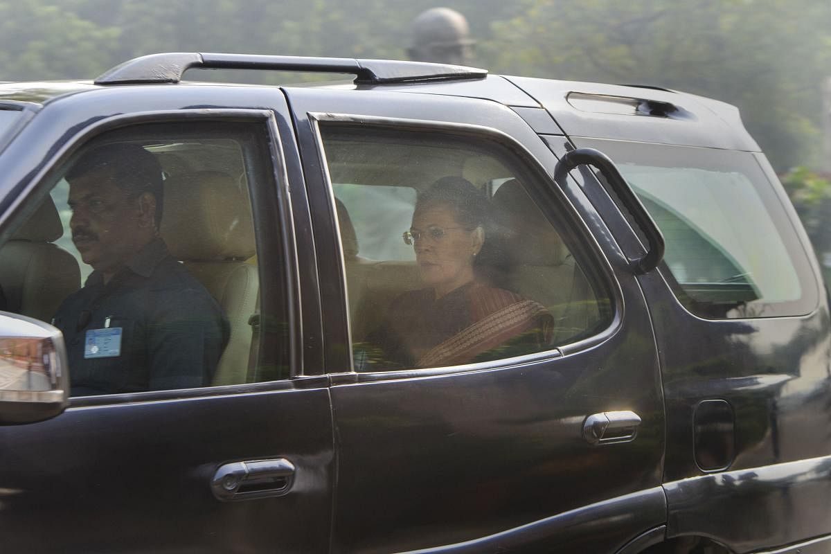 Congress President Sonia Gandhi arrives at Parliament House to attend the ongoing Winter Session, in New Delhi, Thursday, Nov. 21, 2019. (PTI Photo)