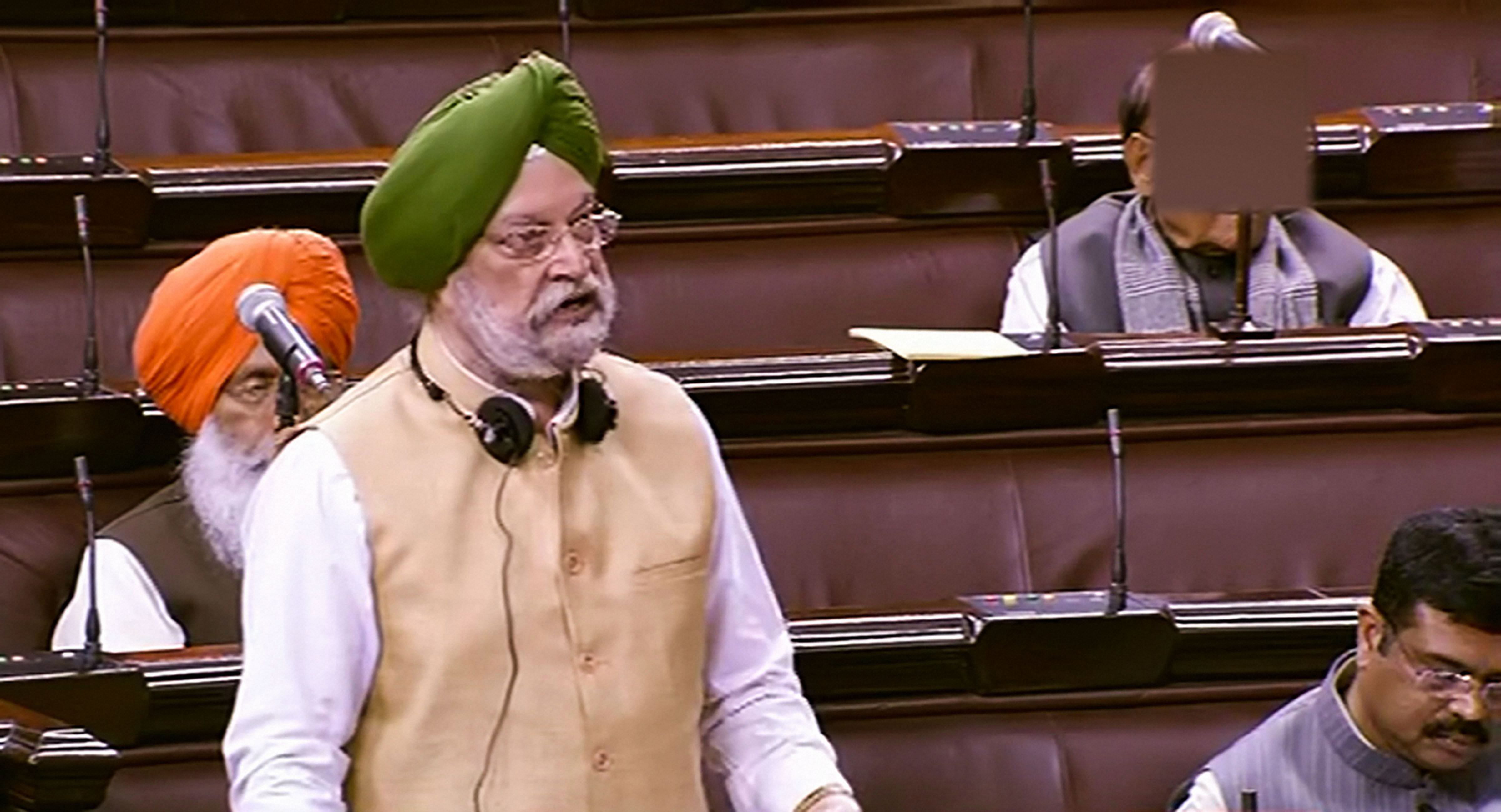 Union Housing and Urban Affairs Minister Hardeep Singh Puri speaks during the Winter Session of Parliament in New Delhi. (PTI Photo)