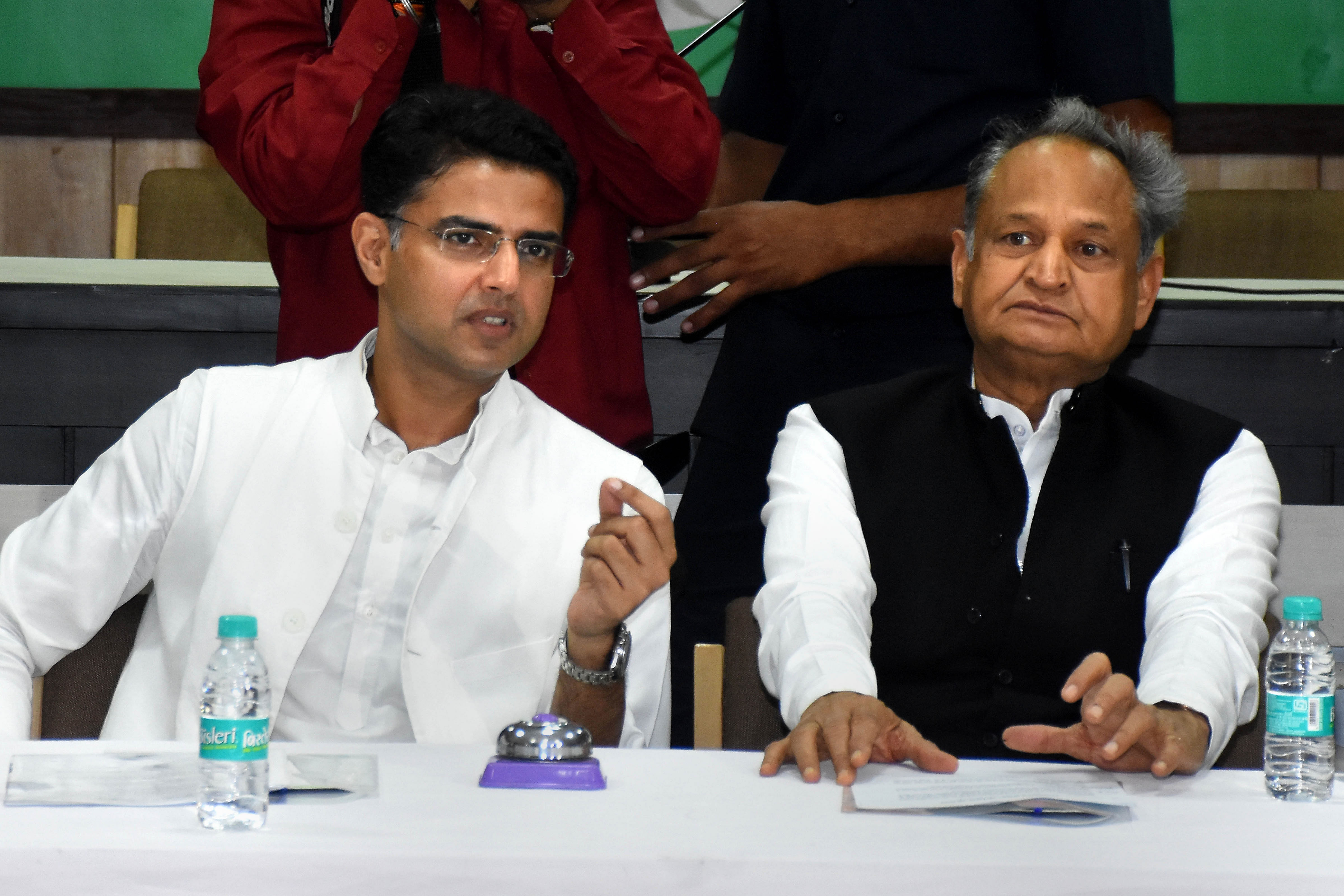 Rajasthan Chief Minister Ashok Gehlot with Deputy Chief Minister Sachin Pilot during a party committee meeting at Pradesh Congress Committee Headquarters, in Jaipur. (PTI Photo)