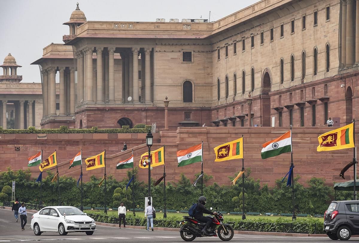 India and Sri Lanka flags near the Rashtrapati Bhawan at Raisina Hill ahead of the Sri Lankan President Gotabaya Rajapaksa's visit, in New Delhi. PTI