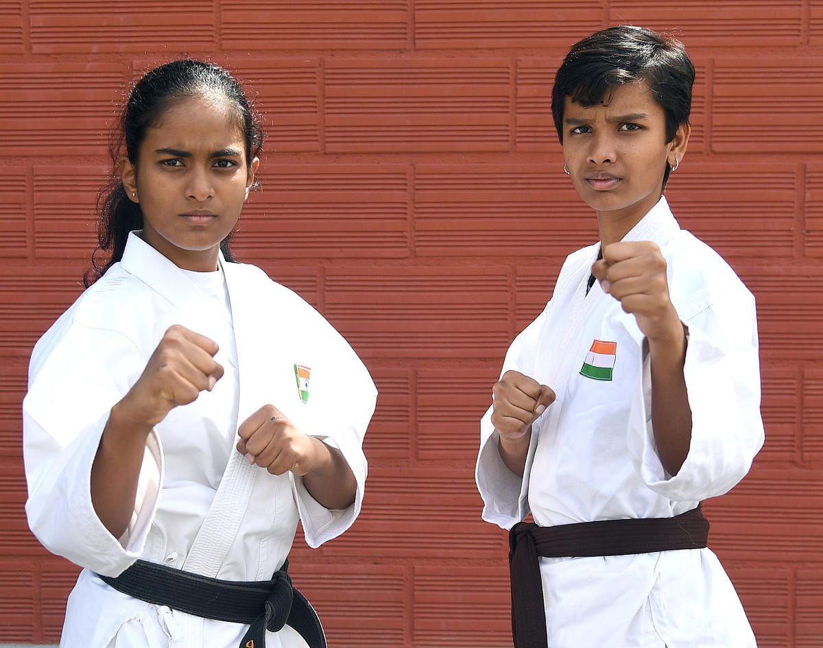Karate champions Pavani Ashok (left) and Akshita Suresh. DH Photo/ Srikanta Sharma R