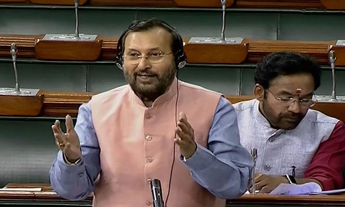 Union Minister Prakash Javadekar speaks in the Rajya Sabha during the ongoing Winter Session of Parliament. (PTI Photo)