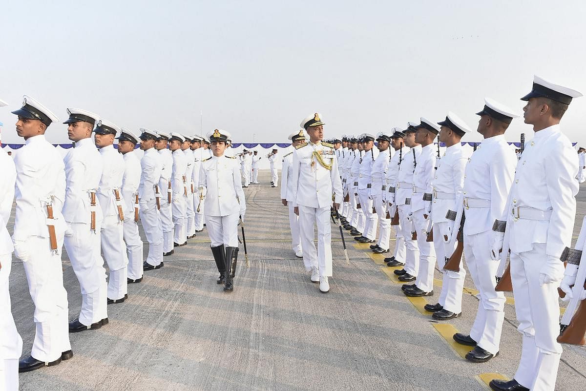Deputy Chief of Naval Staff Vice-Admiral M S Pawar inspects the guard of honour during the commissioning of sixth Dornier squadron of the Indian Navy- Indian Naval Air Squadron (INAS) 314 at the Naval Air Enclave, in Porbandar. PTI photo