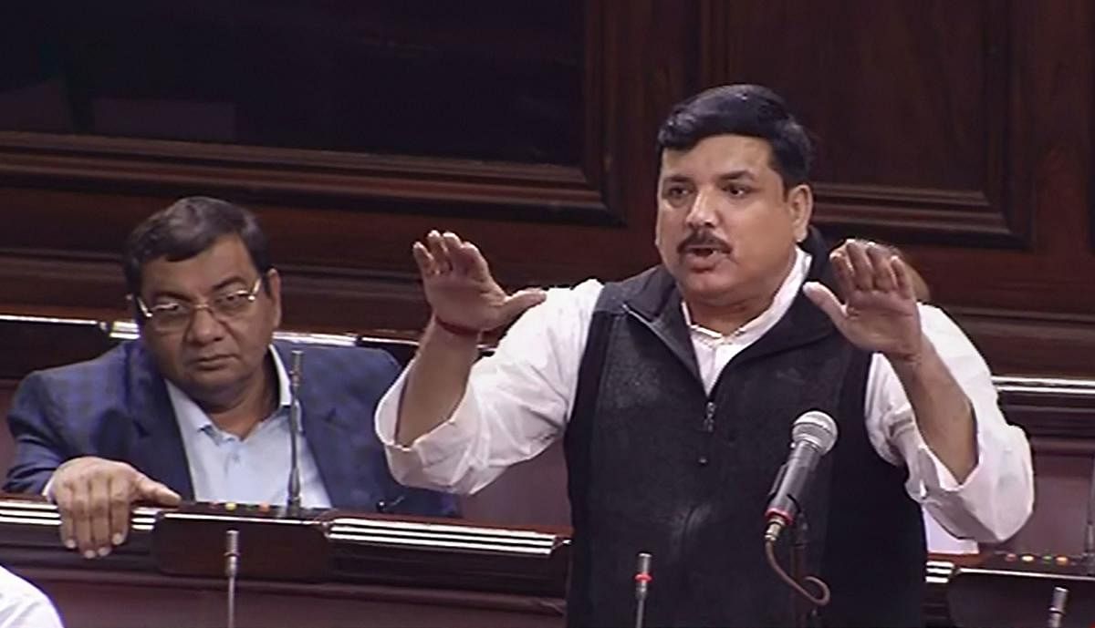 AAP MP Sanjay Singh speaks in the Rajya Sabha during the ongoing Winter Session of Parliament.