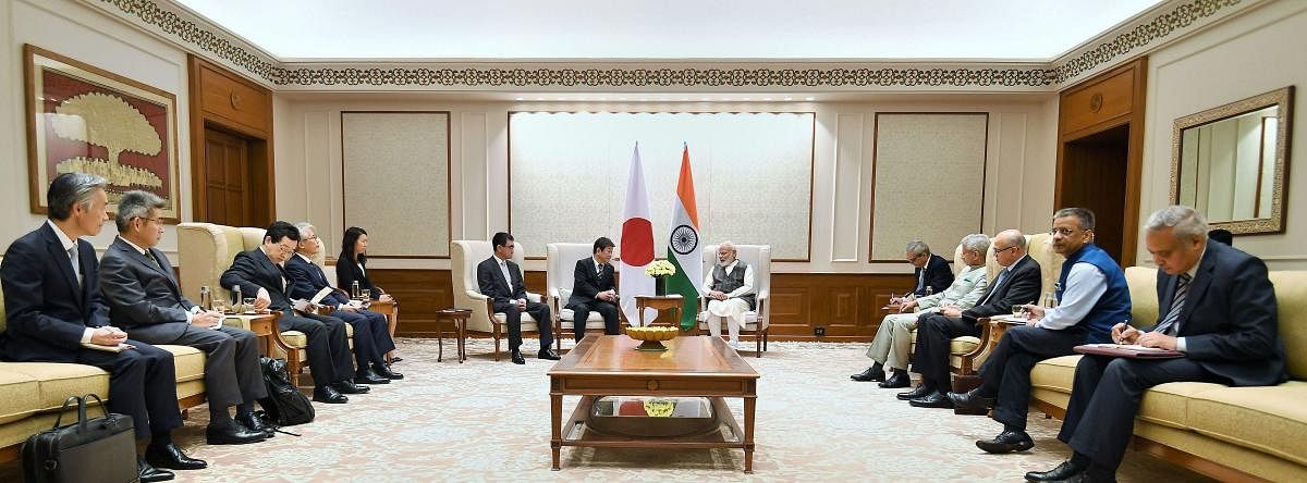 Prime Minister Narendra Modi in a meeting with a Japanese delegation led by the Foreign Affairs Minister of Japan Toshimitsu Motegi and the Minister of Defence of Japan Taro Kono in New Delhi. PIB/PTI